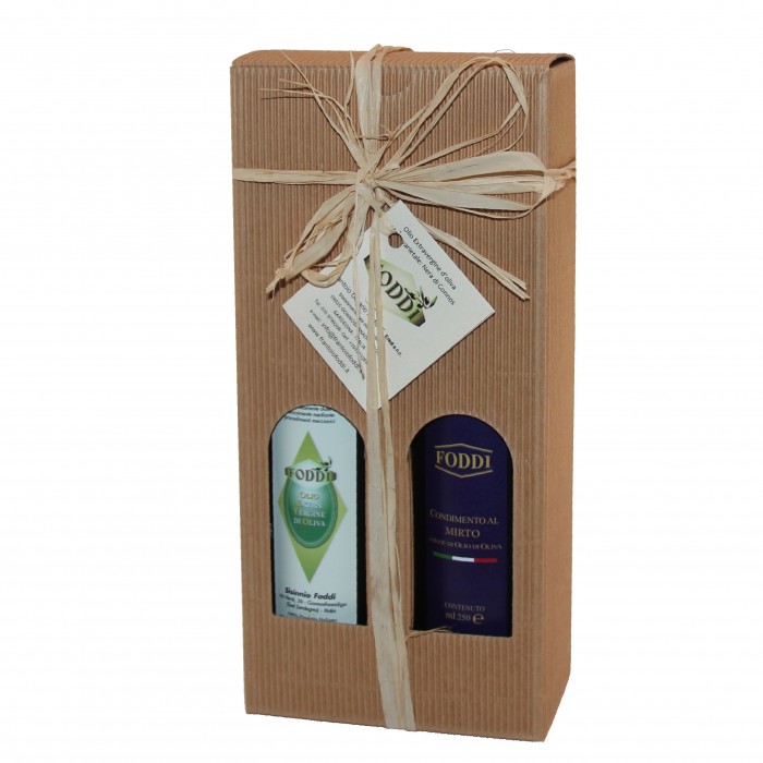 Confezione regalo Olio extravergine di oliva e Condimento al Mirto - 2 bottiglie di latta da 250 ml.